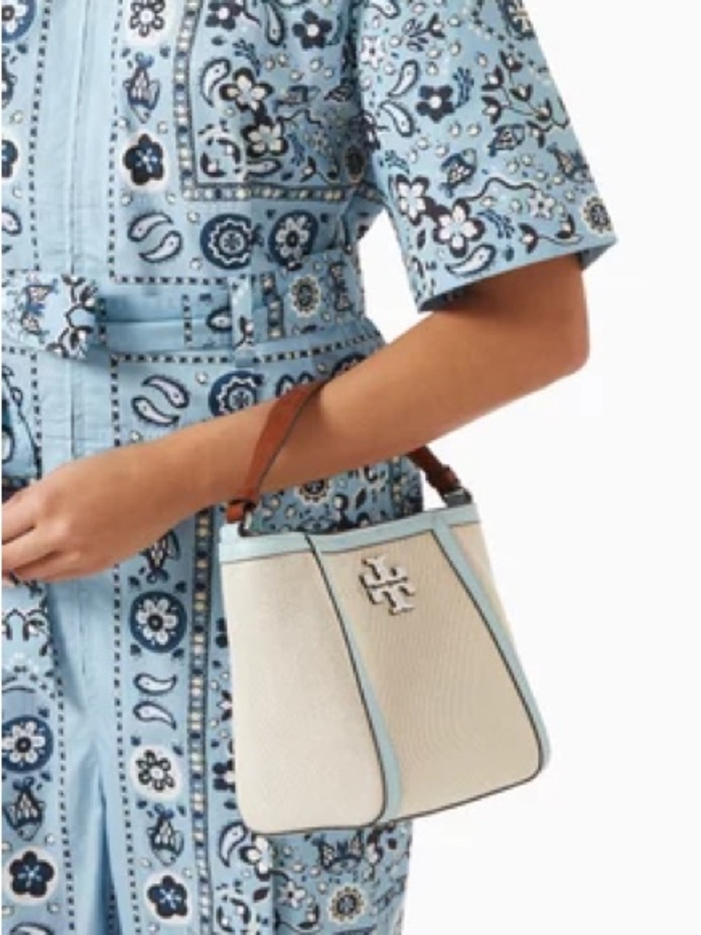 Tory Burch McGraw bucket canvas small tote bag cream blue - Picture 1 of 16